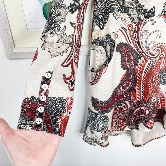 CHICO’S Red & Black Paisley Button Sleeve Tunic Size Small - Picture 6 of 14
